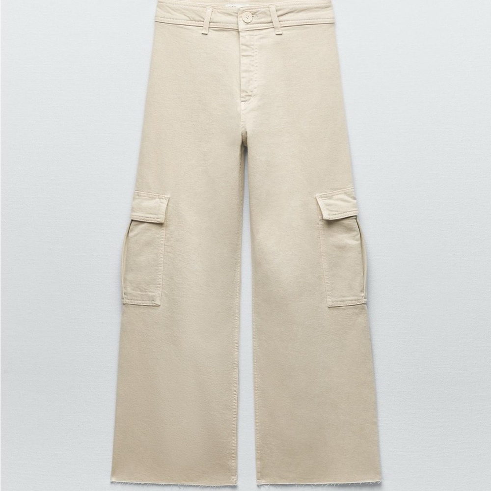Zara - Women’s Beige Cargo Jean Pant Trousers w Pockets - Wide Leg